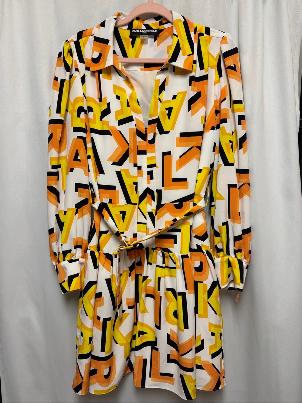 Karl Lagerfeld Paris Logo Printed Shirtdress in French Ochre Multi Size 16 NWT